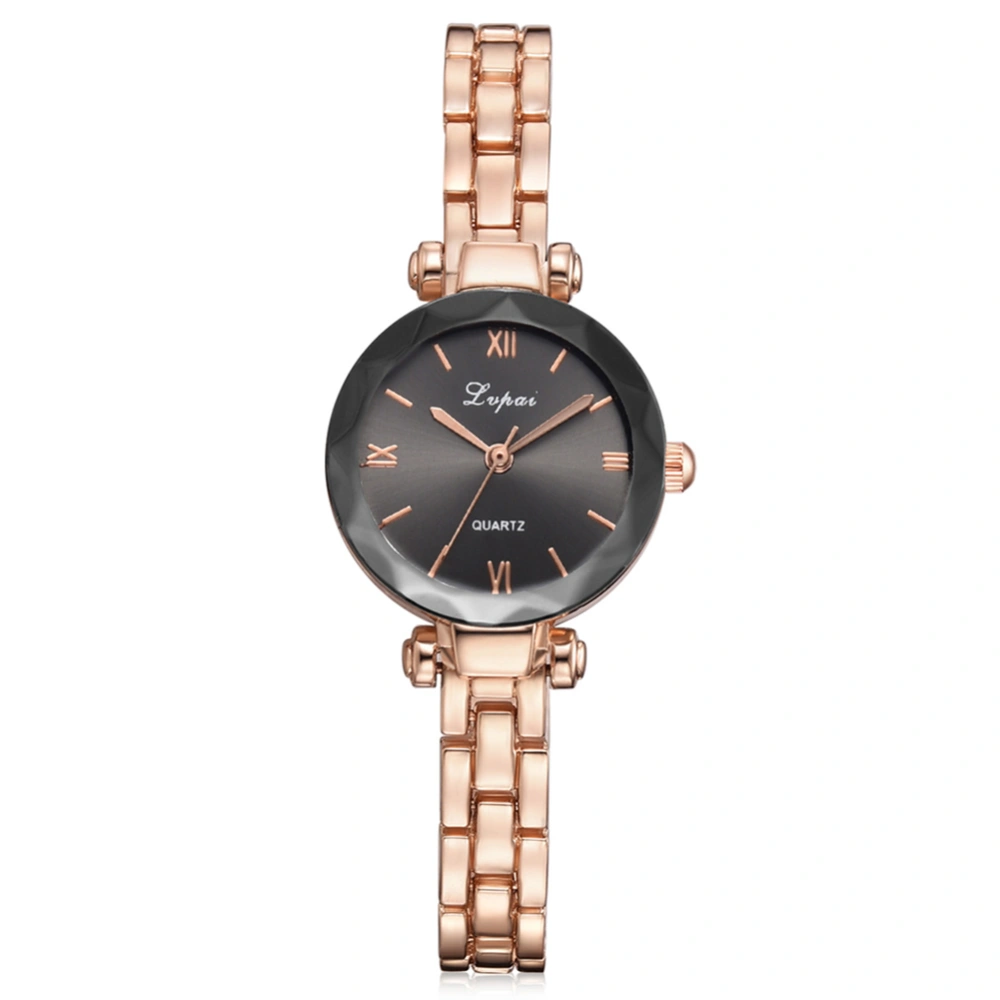 Women Roman Numerals Quartz Wristwatch Alloy Strap Bracelet Watch (Rose Gold+Black)