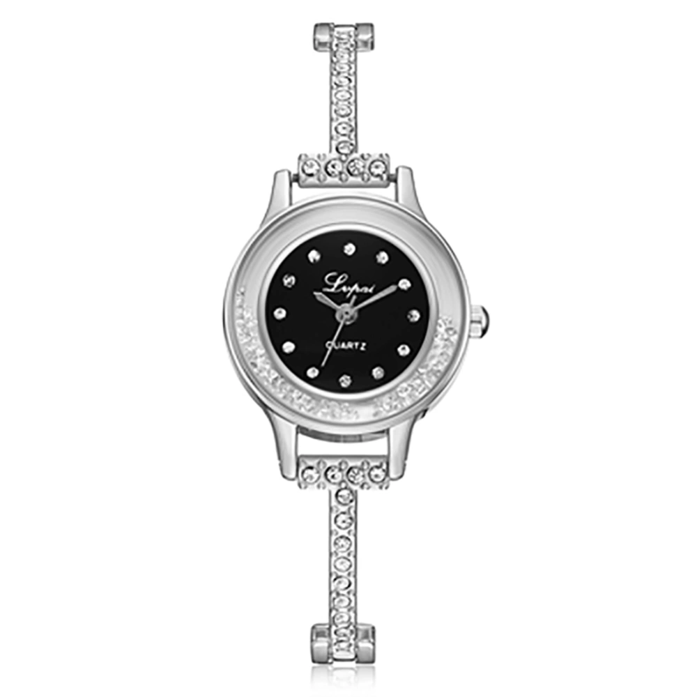 Elegant Women Rhinestone Beads Wristwatch Slim Strap Quartz Bracelet Watch (Silver+Black)