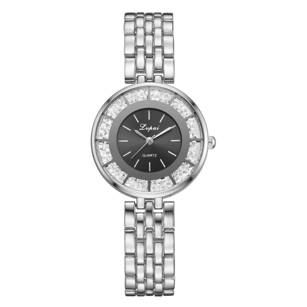 Women Elegant Business Quartz Watch Alloy Strap Big Dial Wristwatch (Silver+Black)