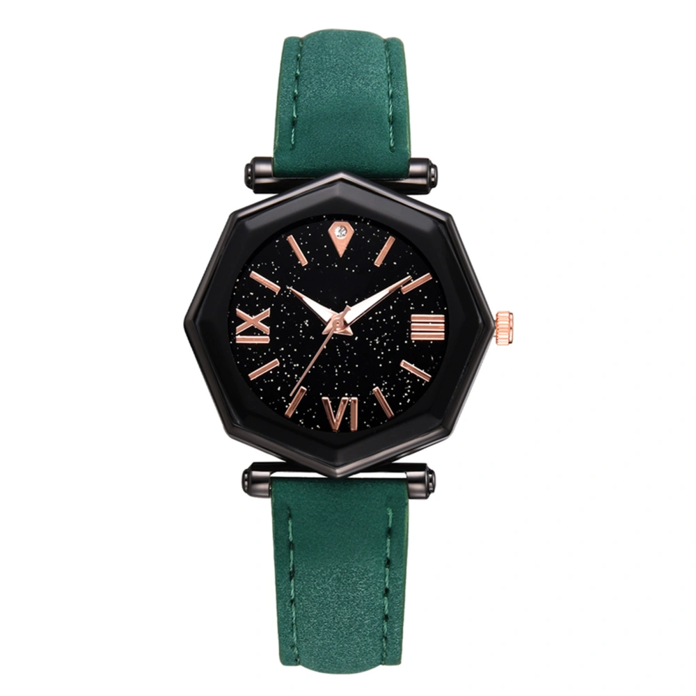 Simple Student Geometric Black Dial Quartz Watch Women PU Leather Strap Wristwatch (Green)