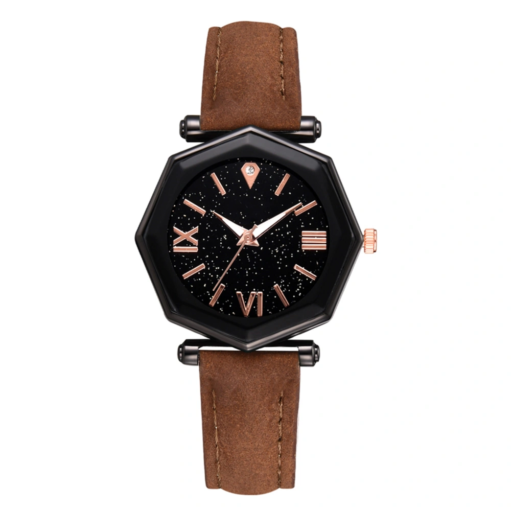 Simple Student Geometric Black Dial Quartz Watch Women PU Leather Strap Wristwatch (Brown)