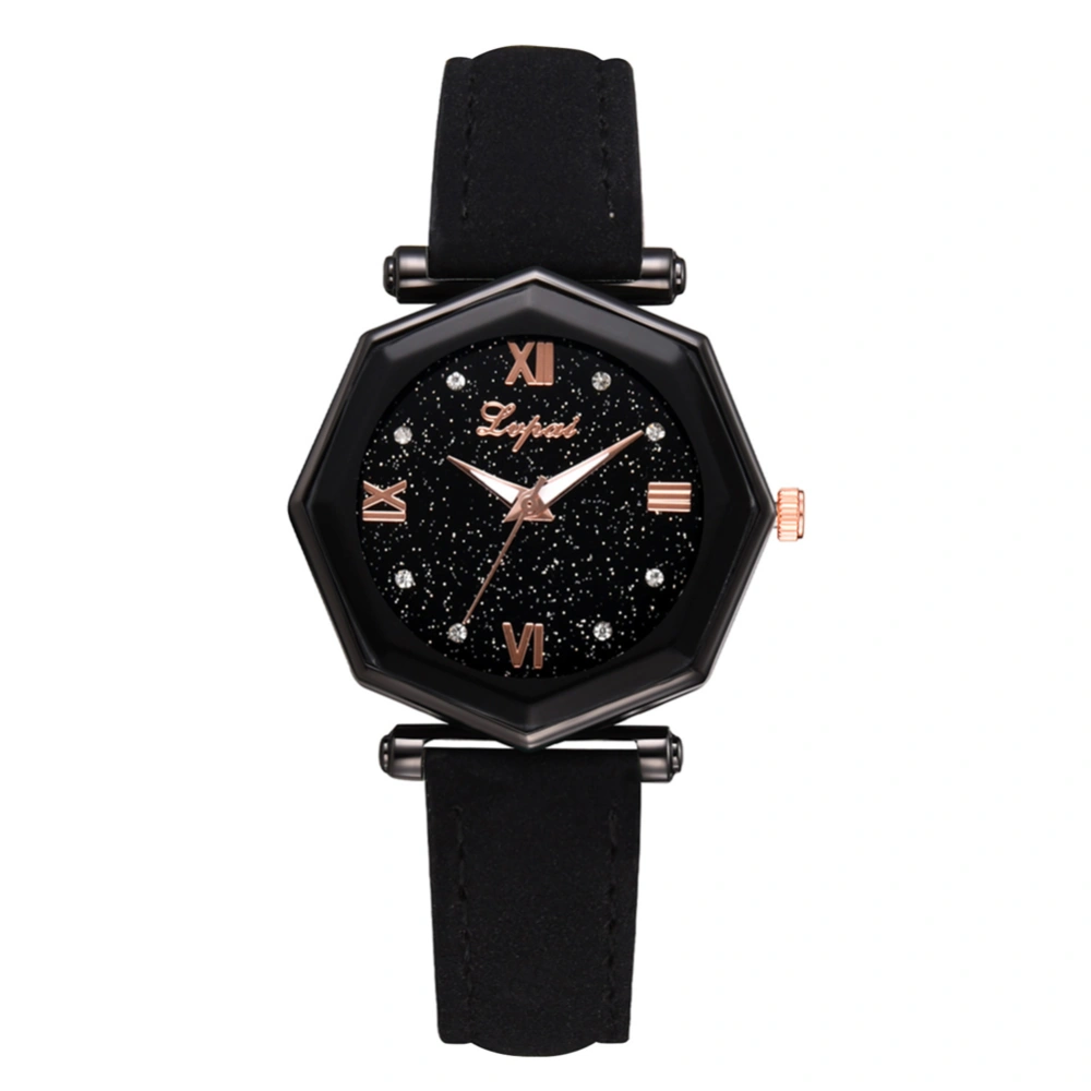 Geometric Black Case Quartz Watch Women PU Leather Strap Rhinestone Wristwatch (Black)