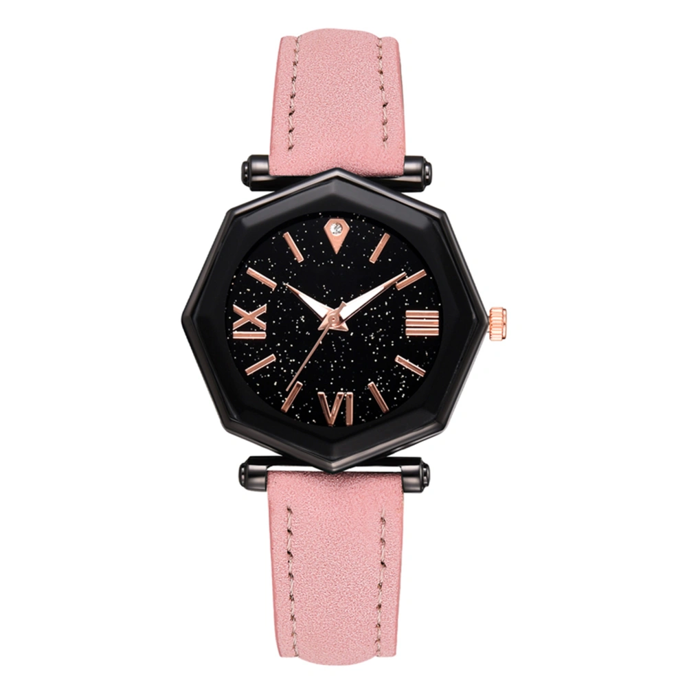 Simple Student Geometric Black Dial Quartz Watch Women PU Leather Strap Wristwatch (Pink)