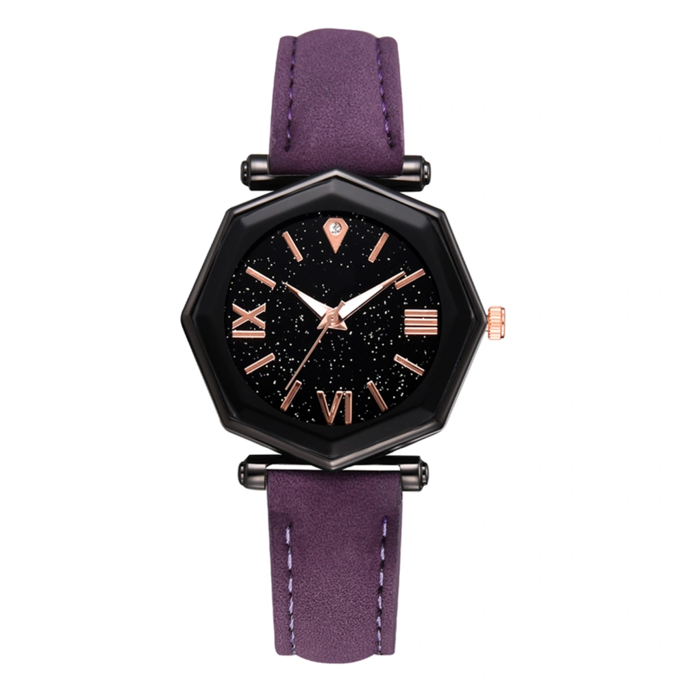 Simple Student Geometric Black Dial Quartz Watch Women PU Leather Strap Wristwatch (Purple)