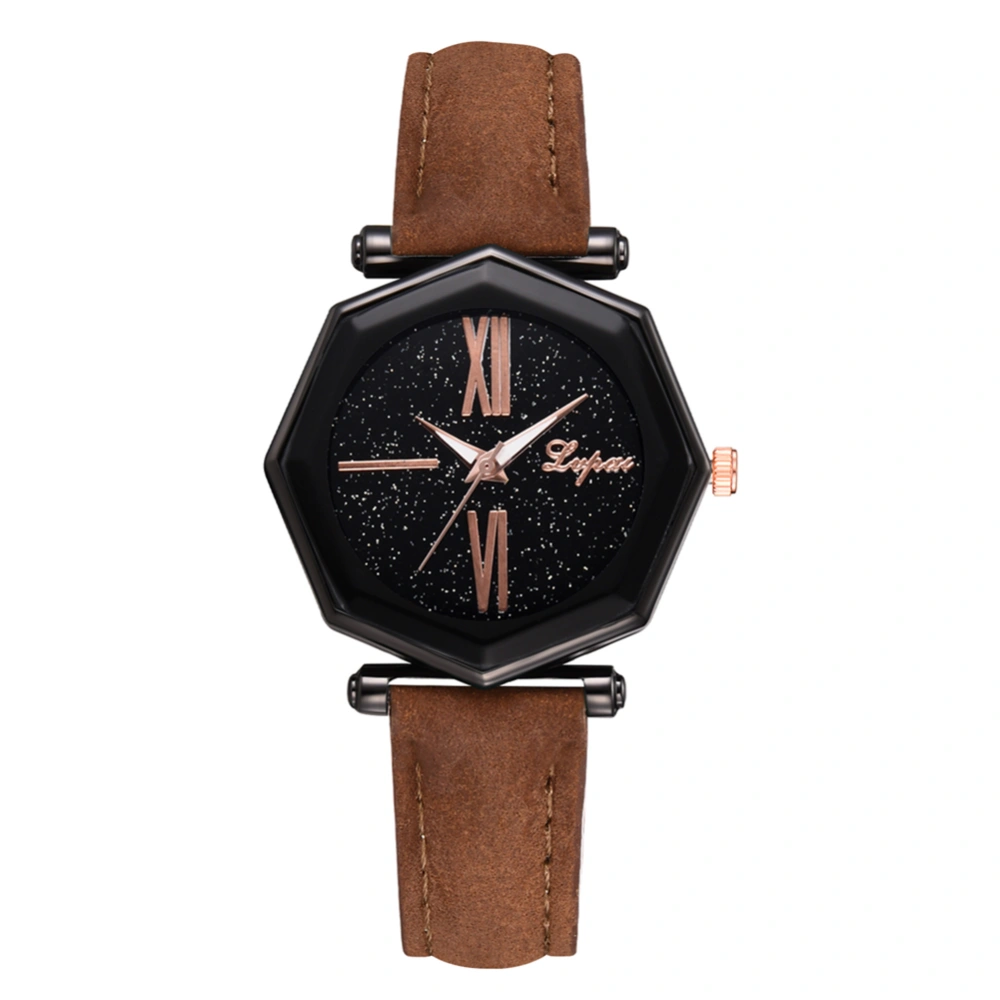 Simple Geometric Black Dial Quartz Watch Women PU Leather Strap Wristwatch (Brown)