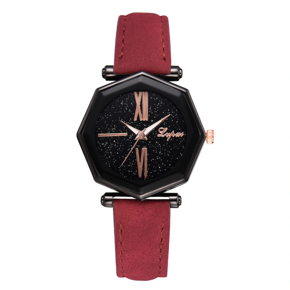 Simple Geometric Black Dial Quartz Watch Women PU Leather Strap Wristwatch (Red)