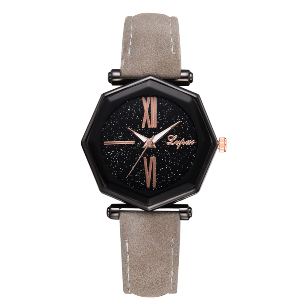 Simple Geometric Black Dial Quartz Watch Women PU Leather Strap Wristwatch (Grey)