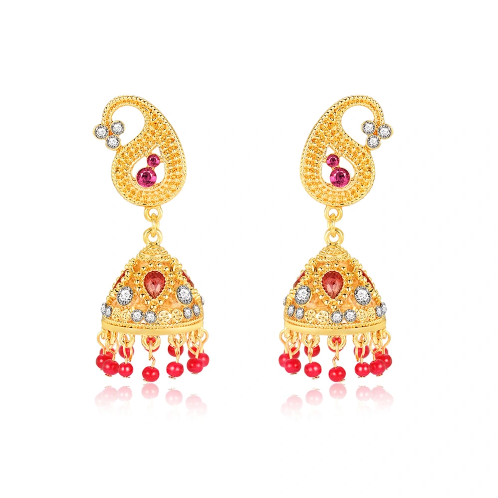 Women Lady Vintage Golden Bell Red Beads Dangles Earring Rhinestones Ear Stud