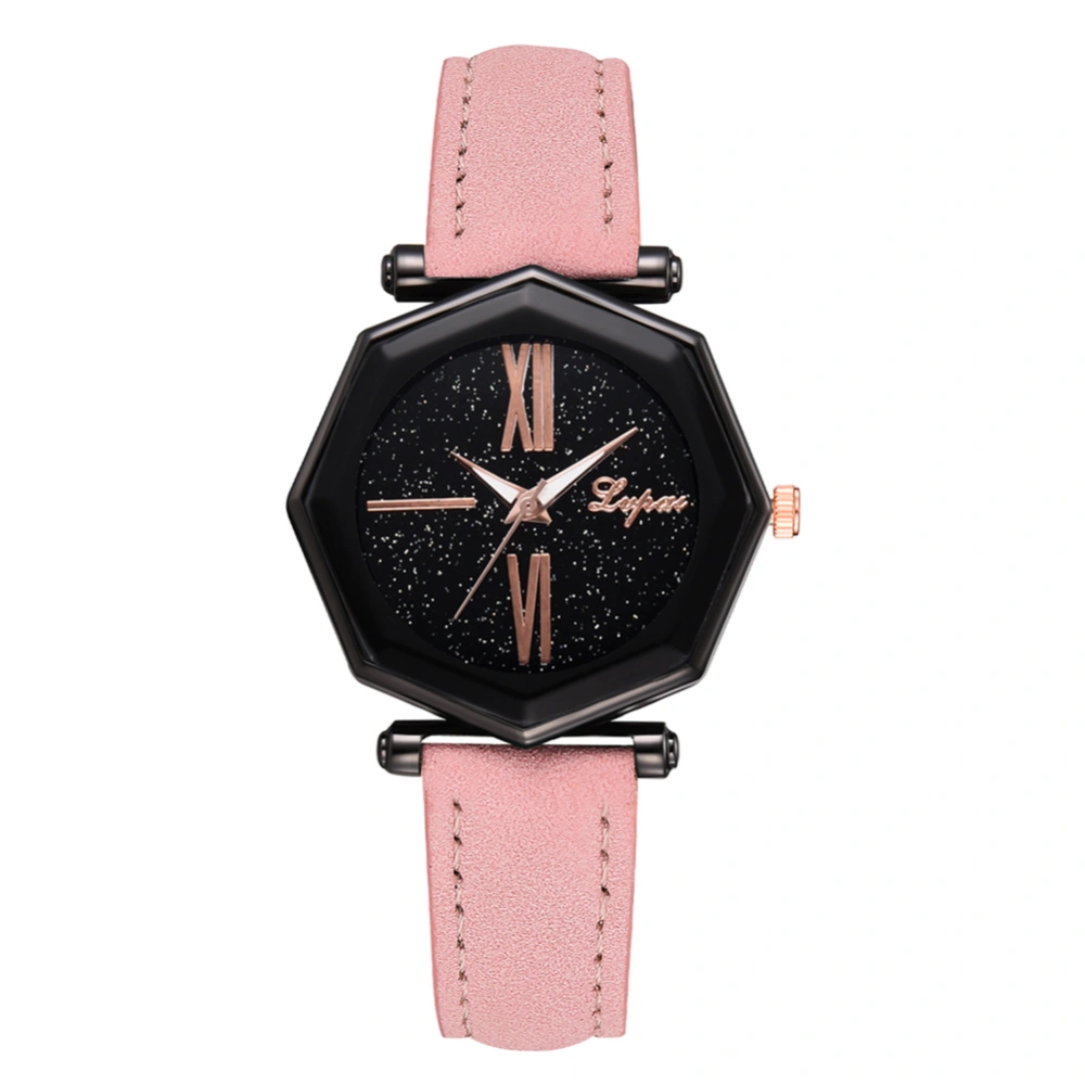 Simple Geometric Black Dial Quartz Watch Women PU Leather Strap Wristwatch (Pink)