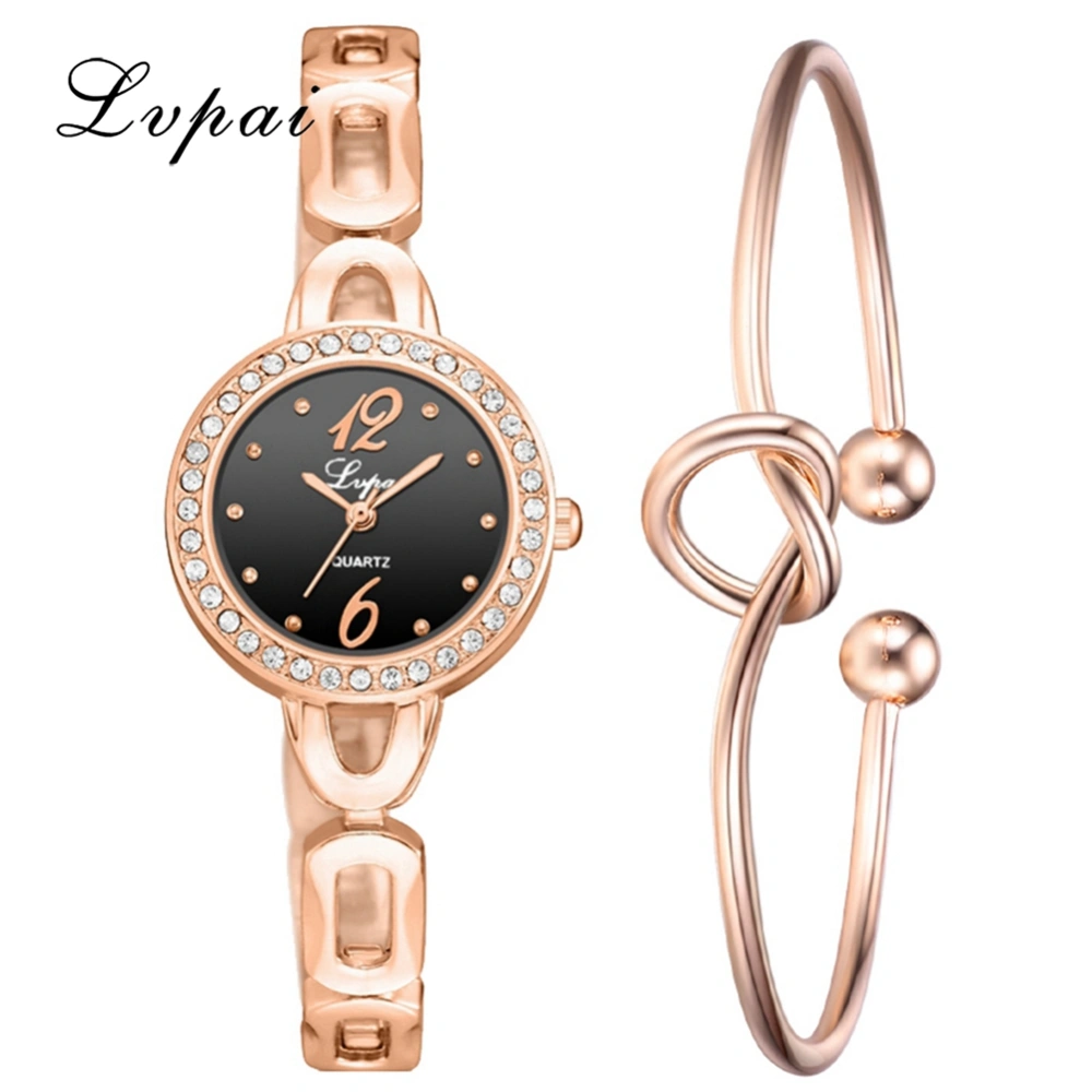 Women Quartz Watch Bracelet Set Rhinestone Alloy Strap Wristwatch P972(Rose Gold Black)