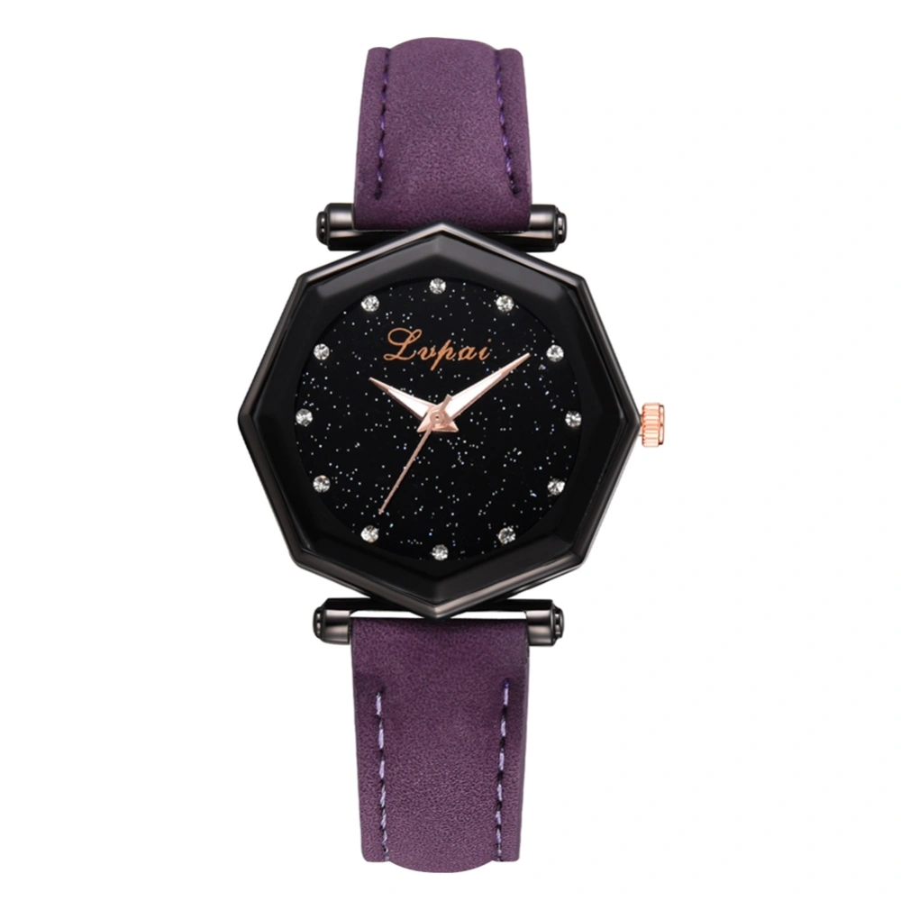 Fashionable Women Geometric Dial Watch PU Leather Strap Quartz Wristwatch (Purple)