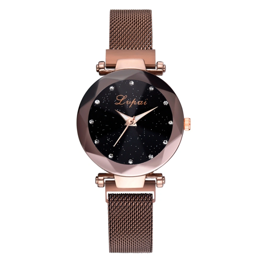 Fashionable Women Magnetic Buckle Watch Alloy Mesh Strap Quartz Wristwatch (Brown)