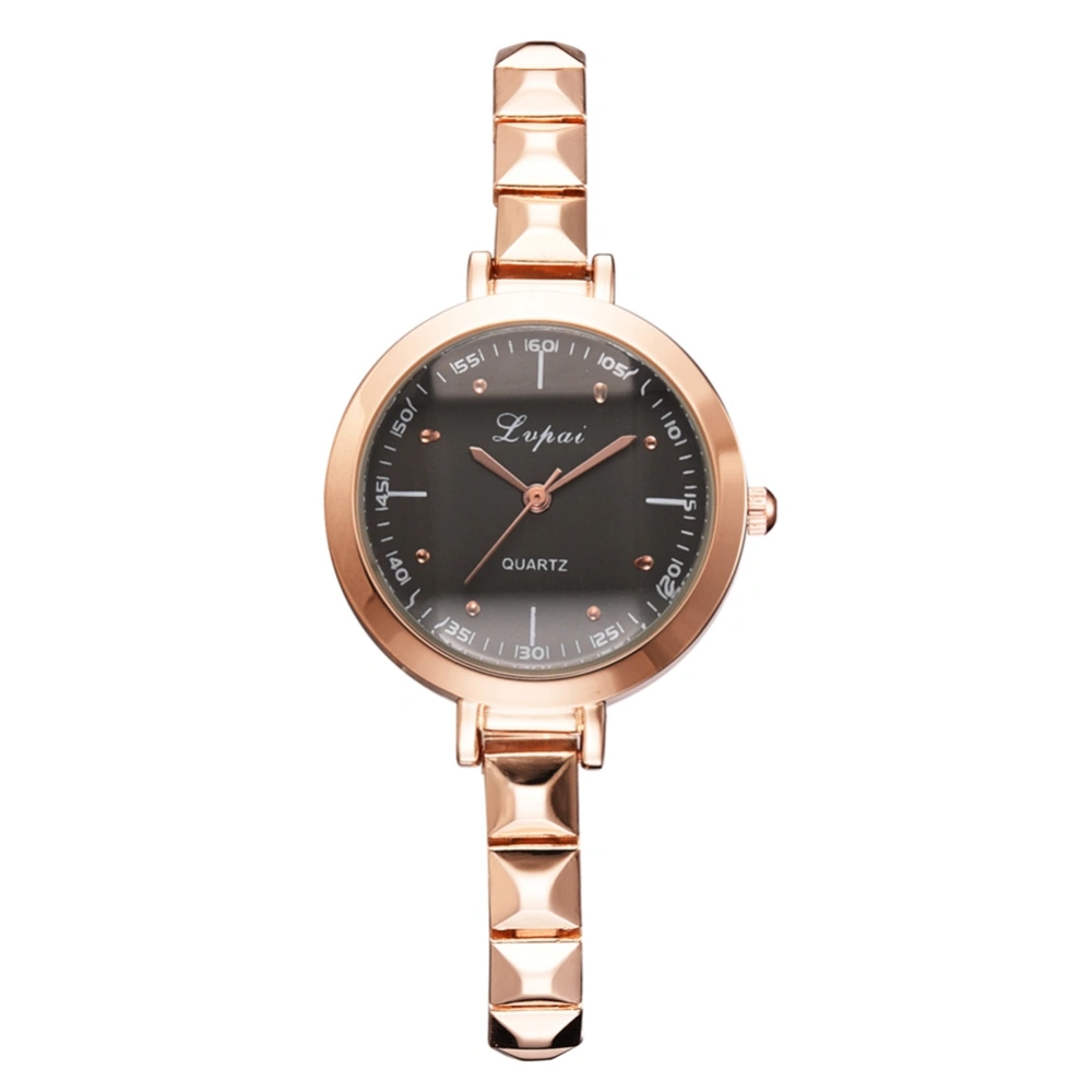 Slim Alloy Strap Women Analog Watch Elegant Quartz Wristwatch (Rose Gold+Black)