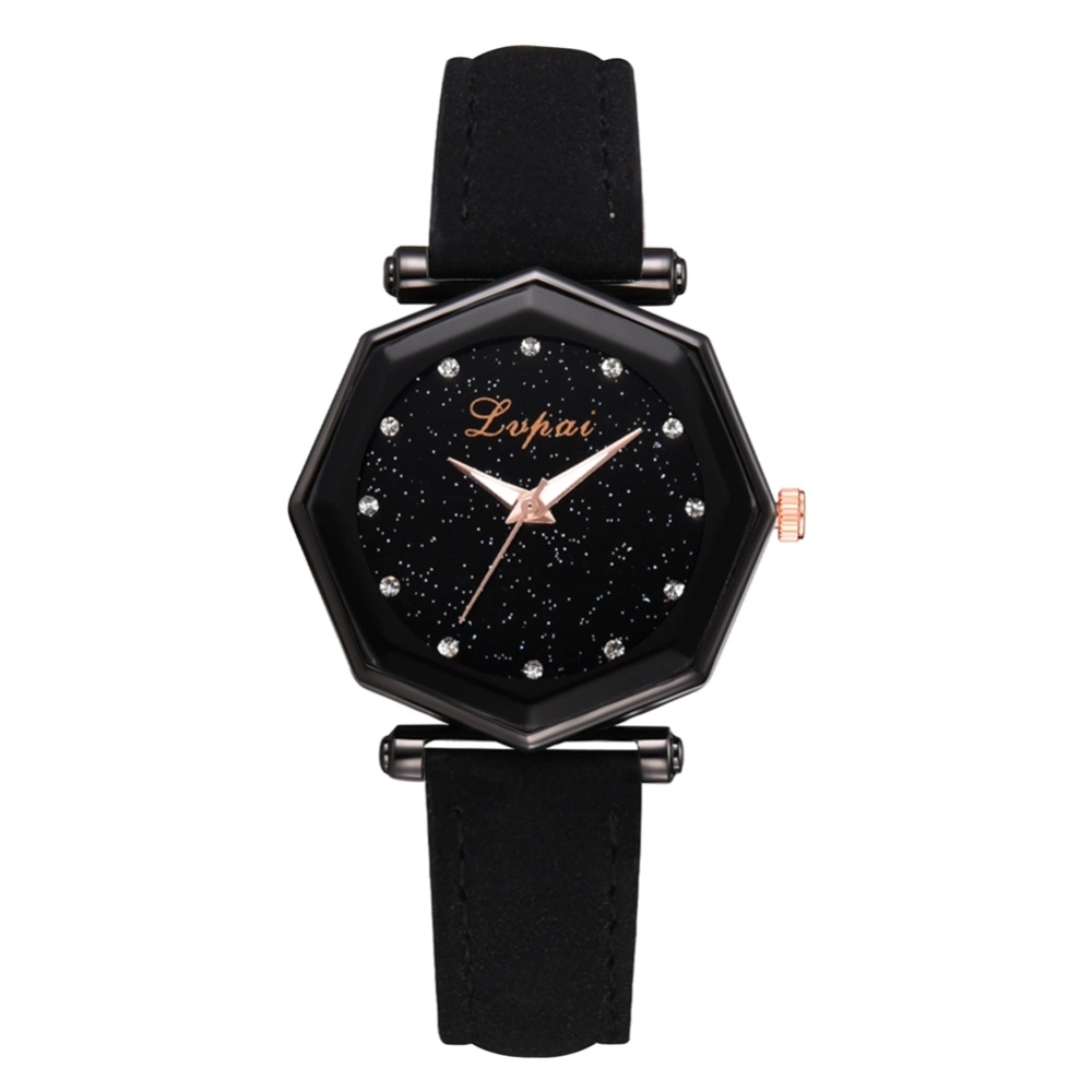 Fashionable Women Geometric Dial Watch PU Leather Strap Quartz Wristwatch (Black)