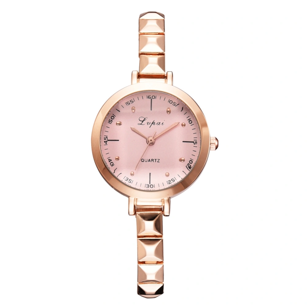 Slim Alloy Strap Women Analog Watch Elegant Quartz Wristwatch (Rose Gold+Pink)