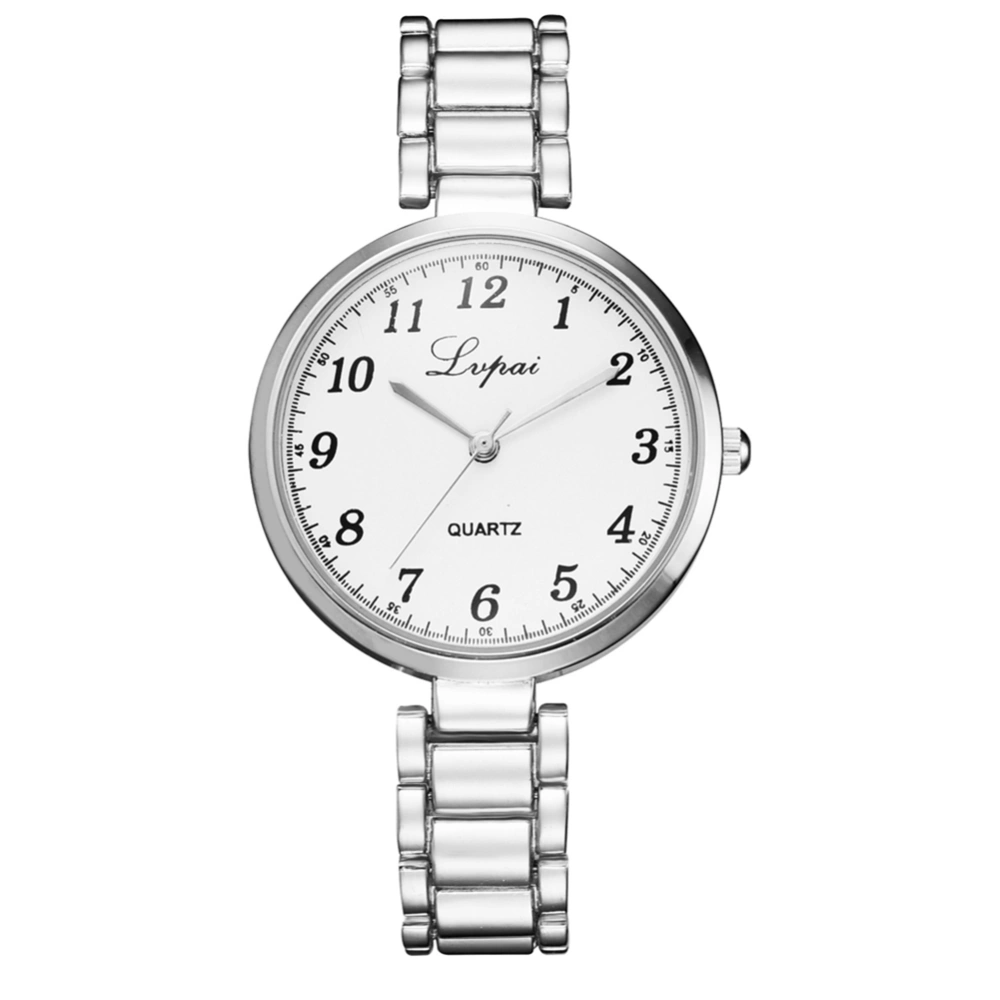 Simple Arabic Numerals Quartz Wristwatch Slim Alloy Strap Women Analog Watch (Silver+White)