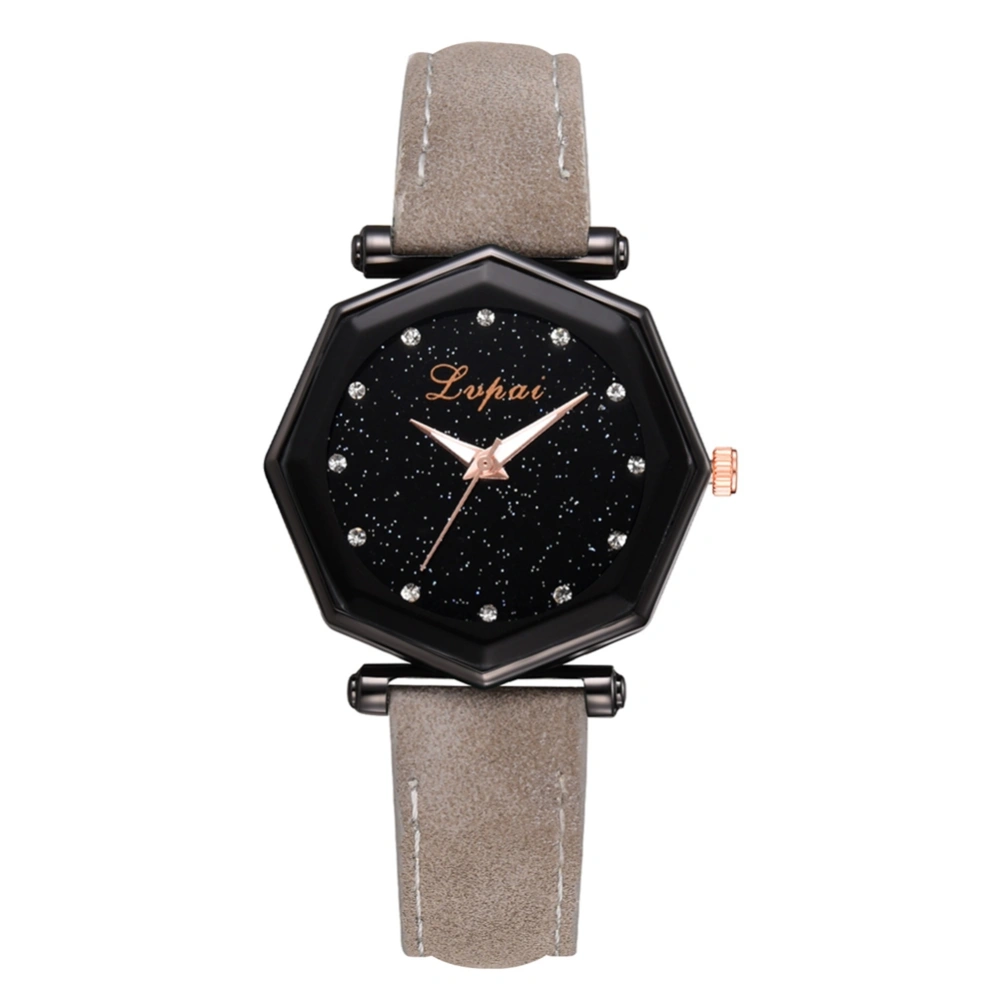 Fashionable Women Geometric Dial Watch PU Leather Strap Quartz Wristwatch (Grey)