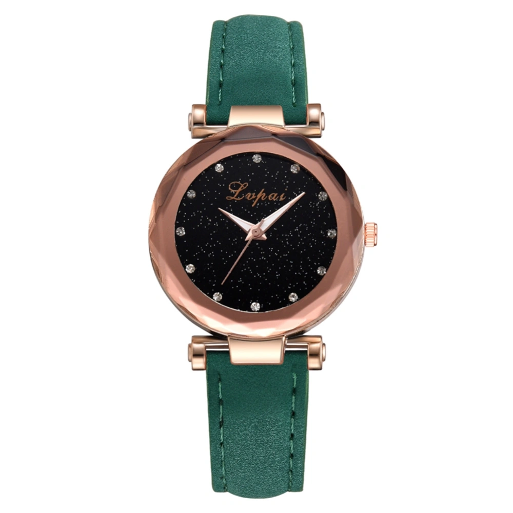 Women Simple Rhinestone Stars Sky Dial Watch PU Leather Strap Quartz Wristwatch (Green)