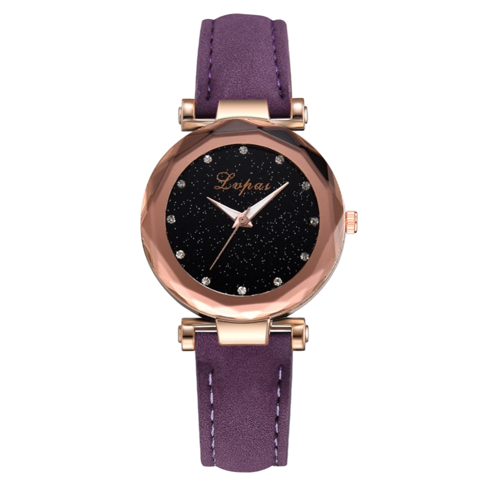 Women Simple Rhinestone Stars Sky Dial Watch PU Leather Strap Quartz Wristwatch (Purple)