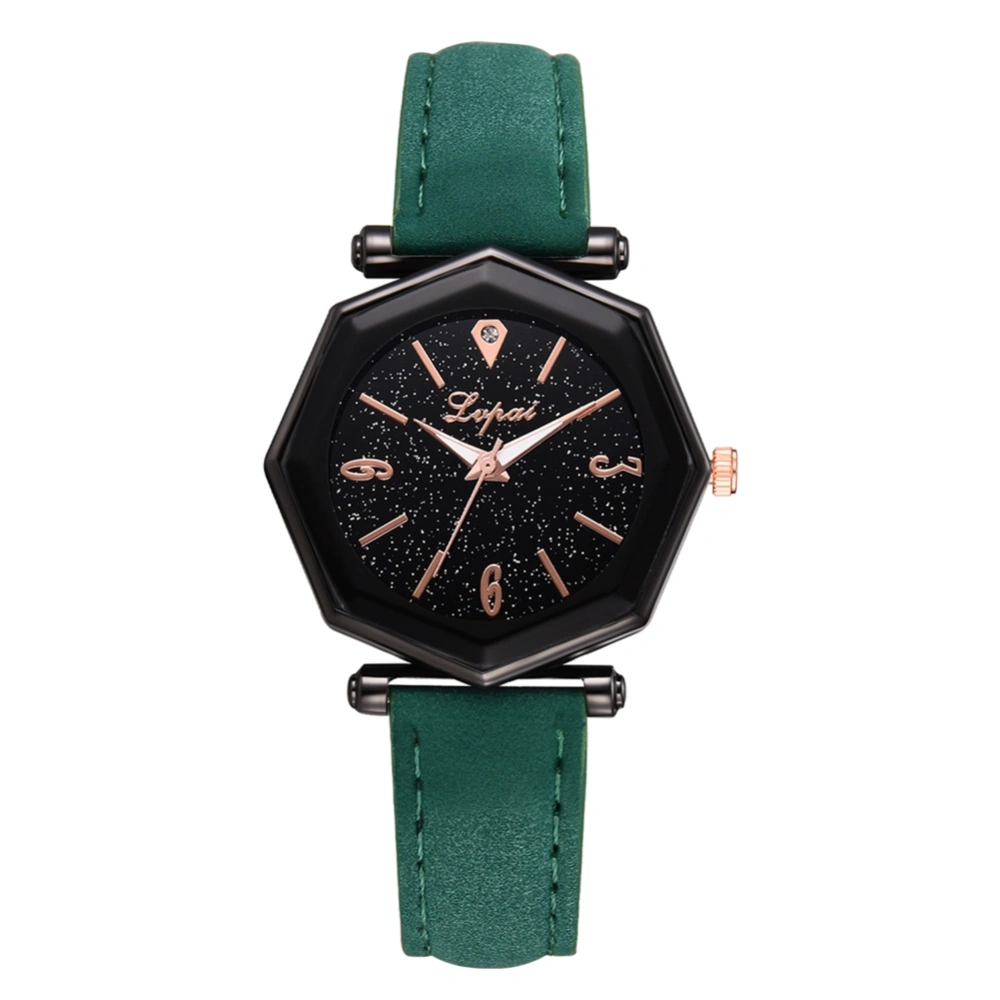 Women Geometric Dial Analog Watch PU Leather Strap Quartz Wristwatch (Green)