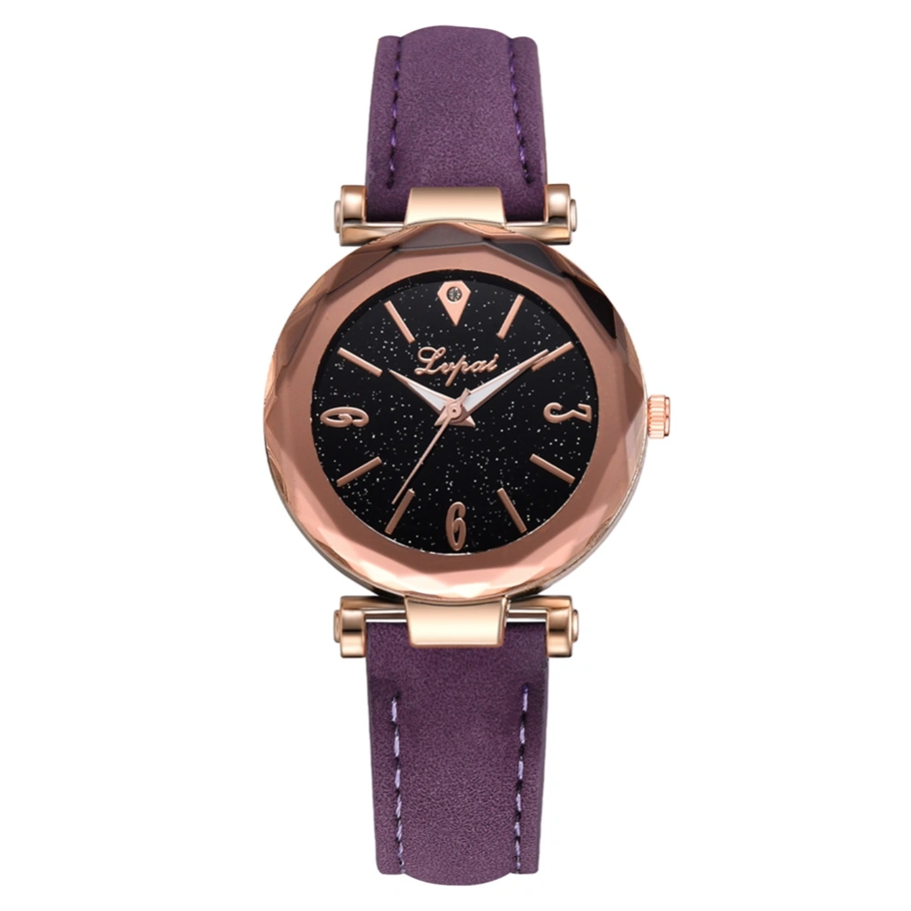 Women Stars Sky Dial Analog Watch PU Leather Strap Quartz Wristwatch (Purple)