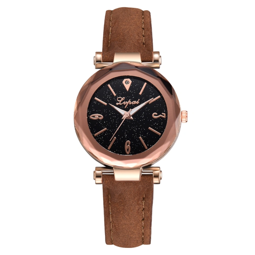 Women Stars Sky Dial Analog Watch PU Leather Strap Quartz Wristwatch (Brown)