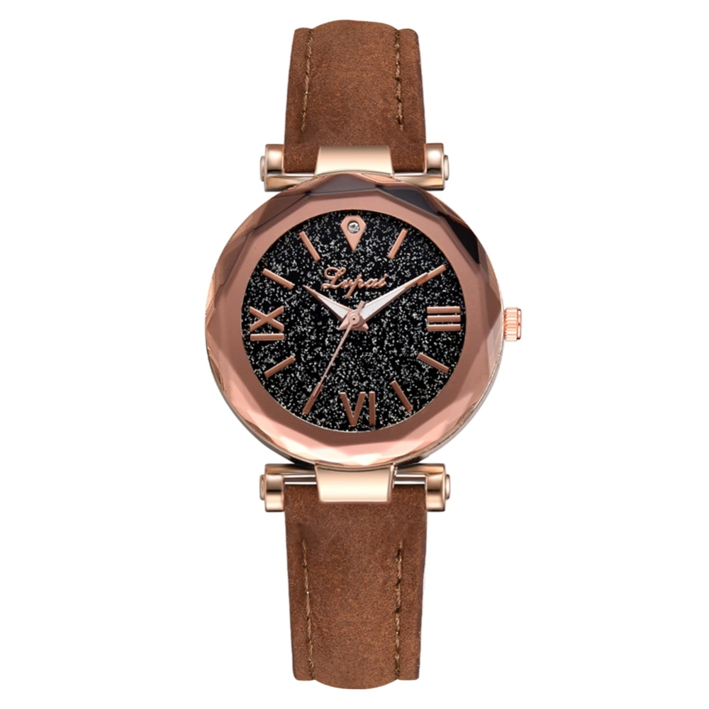 Women Round Dial Analog Watch PU Leather Strap Quartz Wristwatch (Brown)