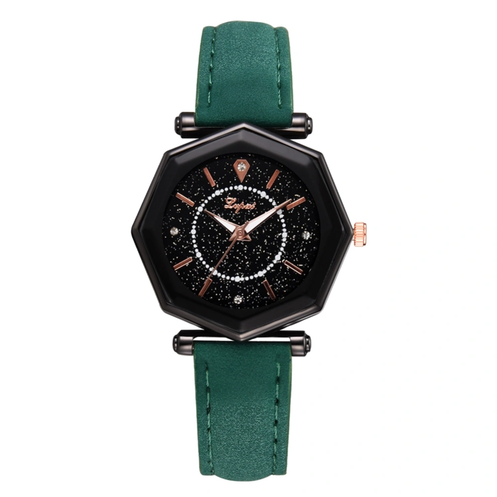 Women Geometric Dial Rhinestone Watch PU Leather Strap Quartz Wristwatch (Green)