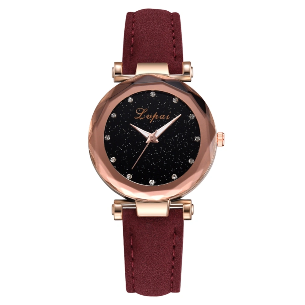 Women Simple Rhinestone Stars Sky Dial Watch PU Leather Strap Quartz Wristwatch (Red)