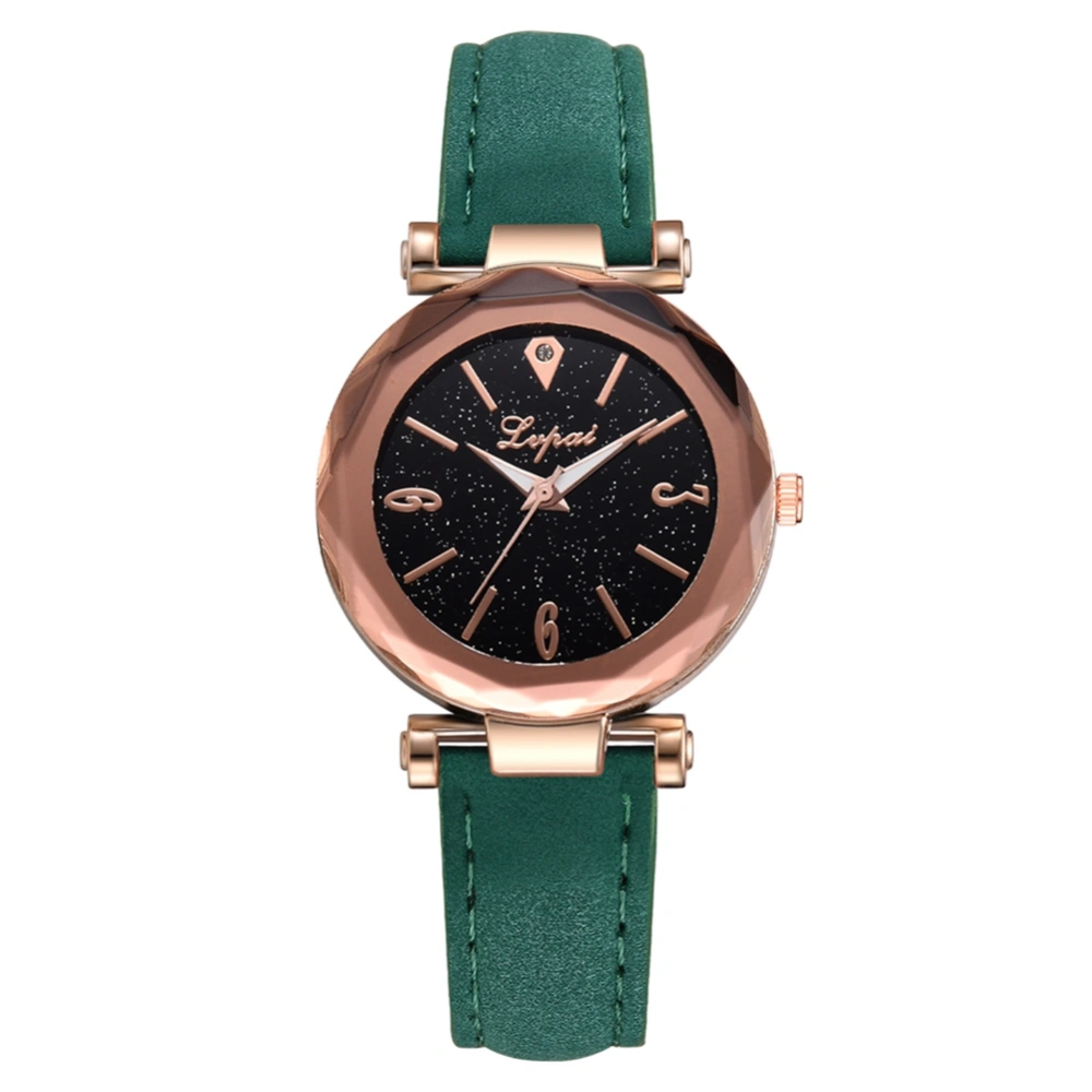 Women Stars Sky Dial Analog Watch PU Leather Strap Quartz Wristwatch (Green)