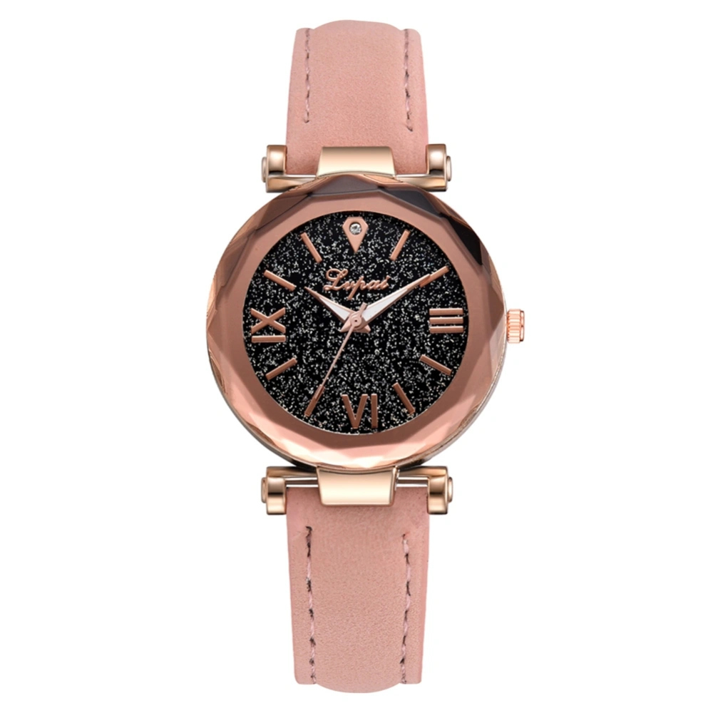 Women Round Dial Analog Watch PU Leather Strap Quartz Wristwatch (Pink)