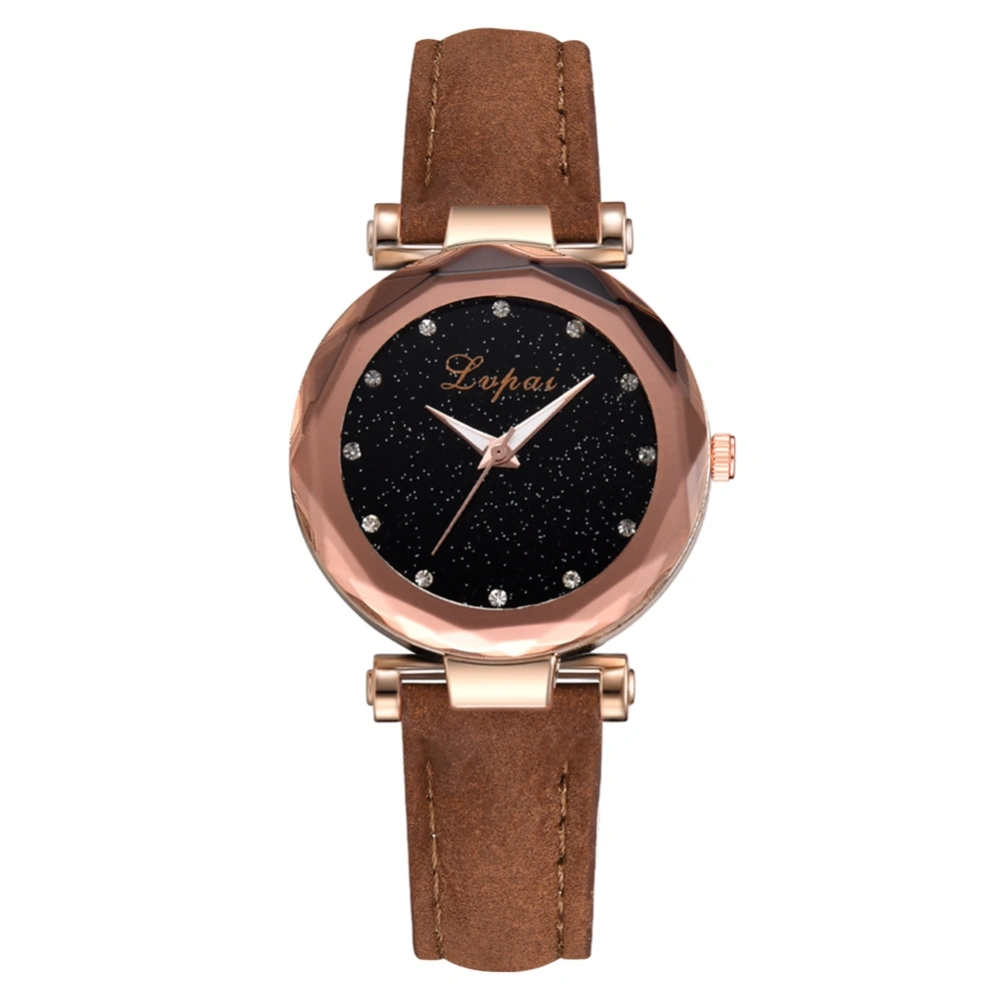 Women Simple Rhinestone Stars Sky Dial Watch PU Leather Strap Quartz Wristwatch (Brown)