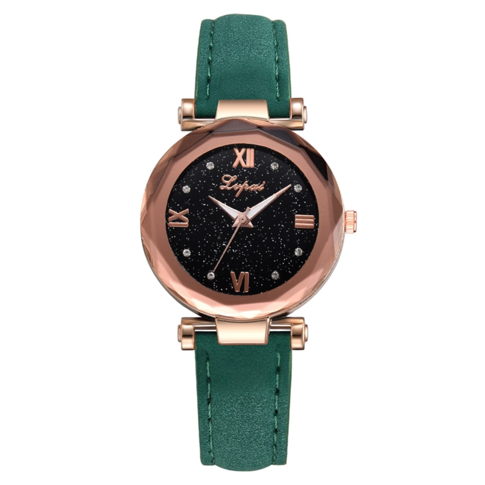 Women Stars Sky Dial Rhinestone Watch PU Leather Strap Quartz Wristwatch (Green)