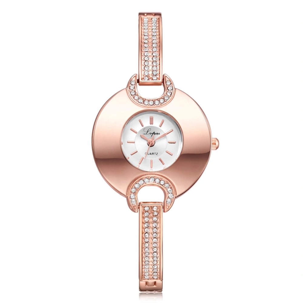 Elegant Rhinestone Slim Alloy Strap Quartz Bracelet Watch Women Wristwatch (Rose Gold+White)