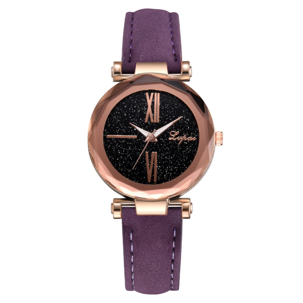 Women Big Roman Numerals Analog Watch PU Leather Strap Quartz Wristwatch (Purple)