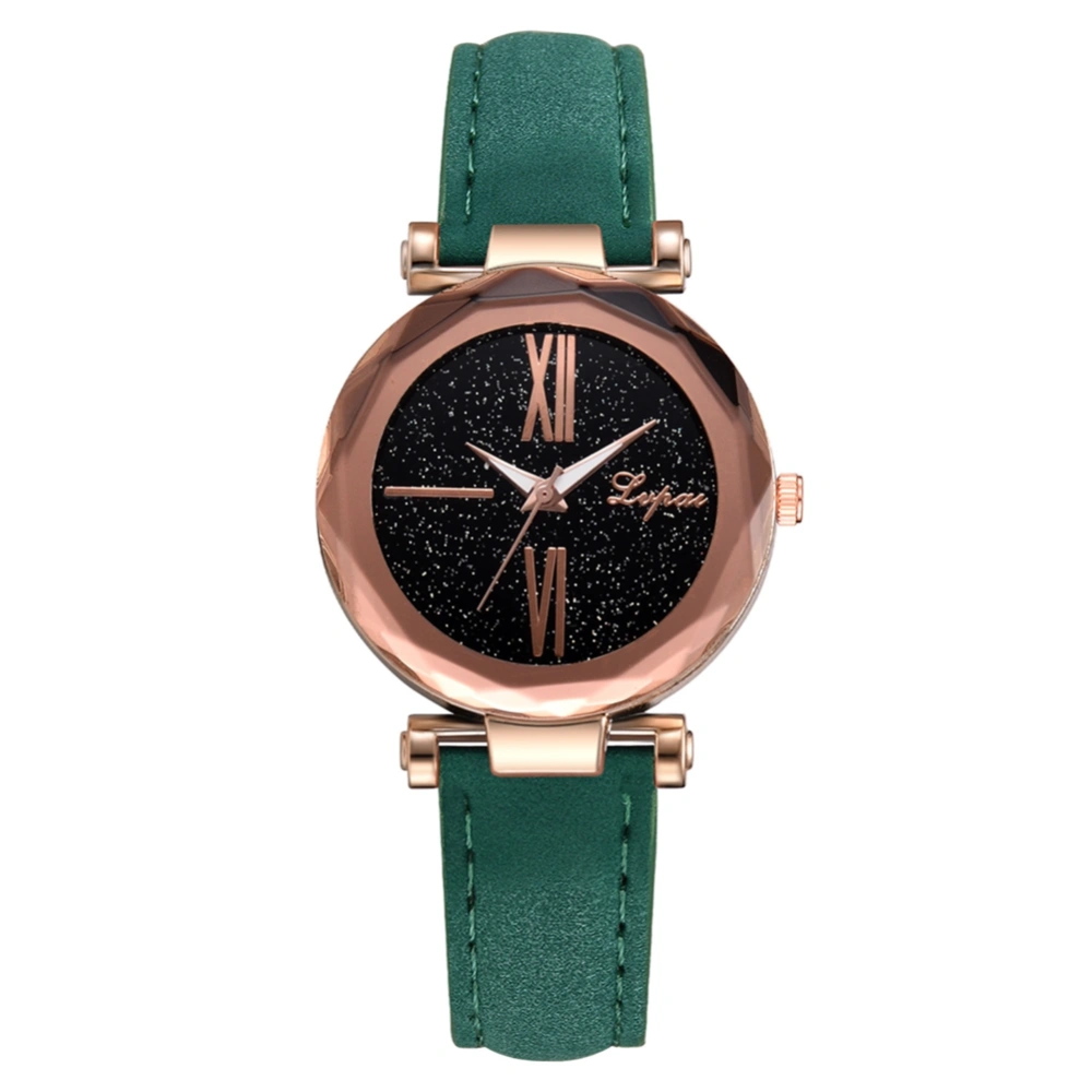 Women Big Roman Numerals Analog Watch PU Leather Strap Quartz Wristwatch (Green)