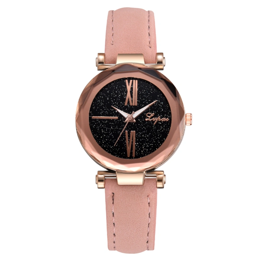 Women Big Roman Numerals Analog Watch PU Leather Strap Quartz Wristwatch (Pink)