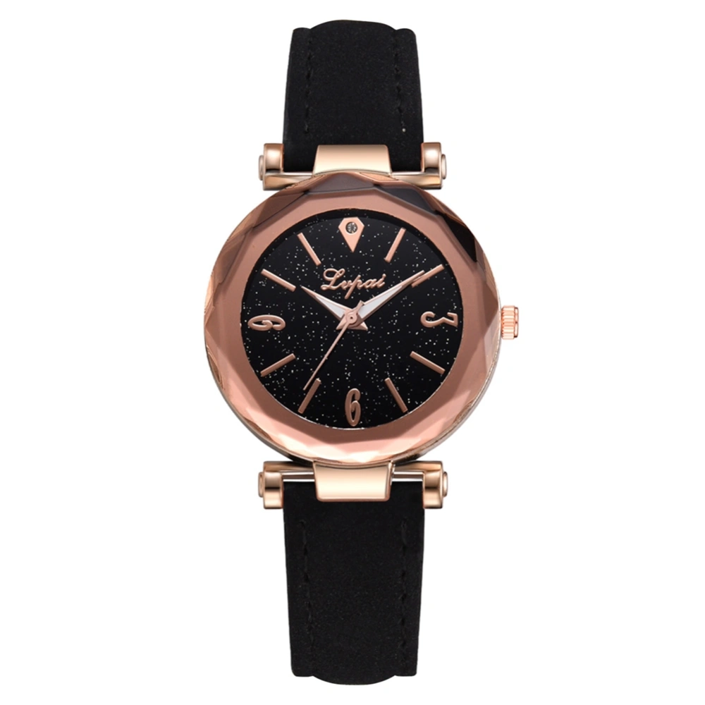 Women Stars Sky Dial Analog Watch PU Leather Strap Quartz Wristwatch (Black)