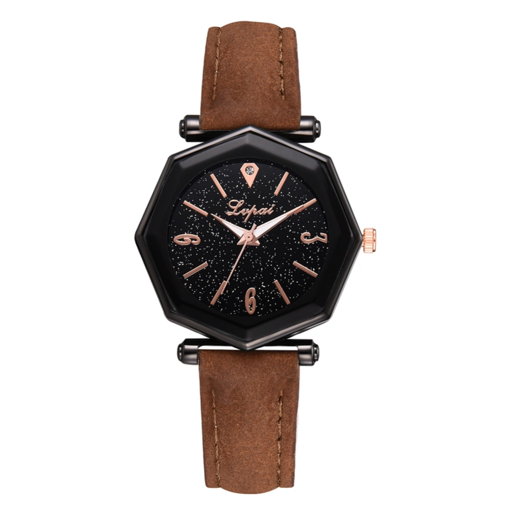 Women Geometric Dial Analog Watch PU Leather Strap Quartz Wristwatch (Brown)