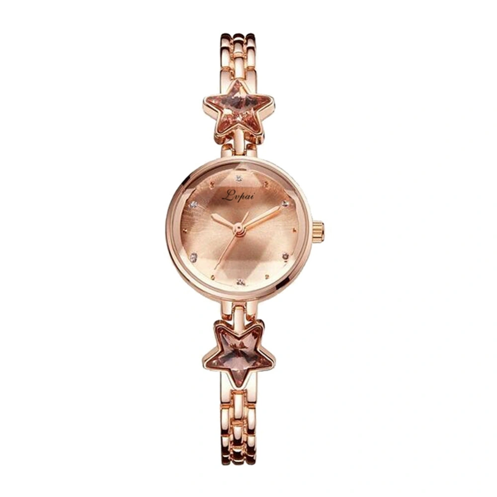 Fashion five point Star Alloy Strap Quartz Watch Round Dial Girl Wristwatch(Rose gold pink)