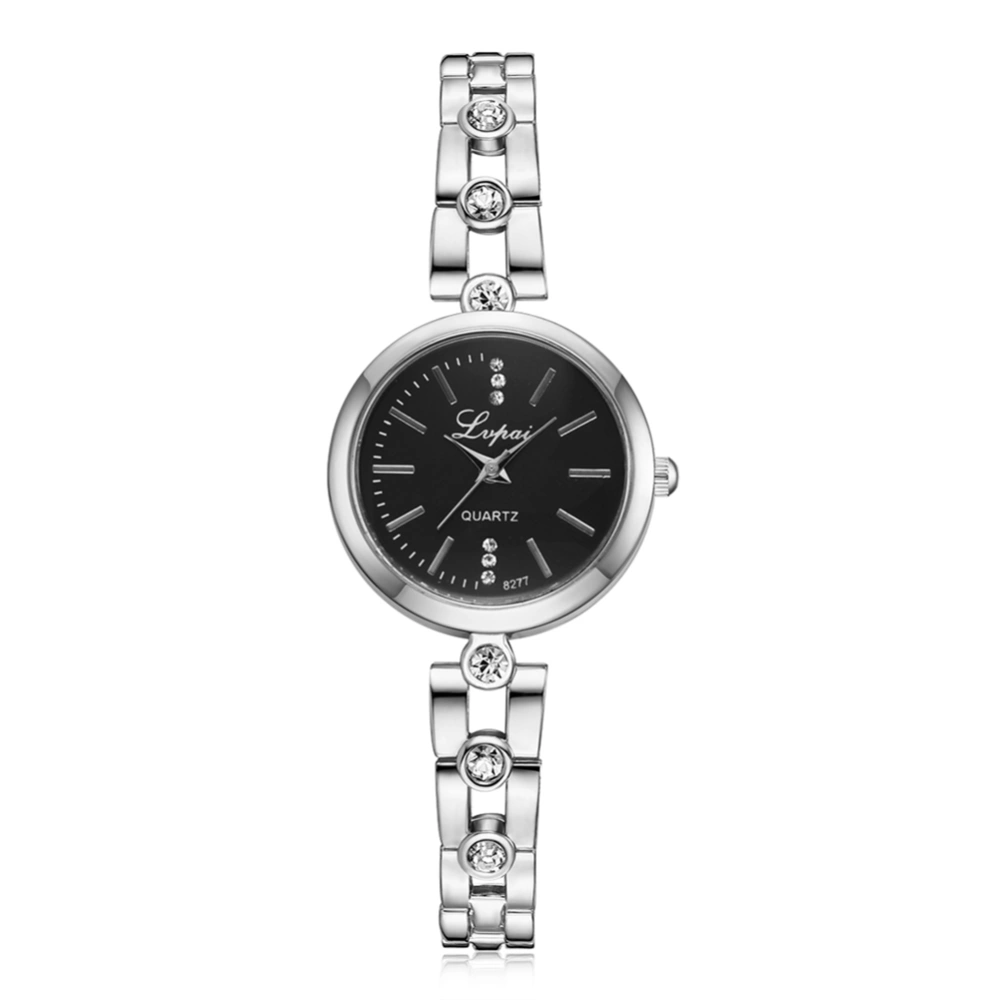 lvpai Women Bracelet Watch Fashion Round Dial Rhinestone Quartz Wristwatch (Silver Black)