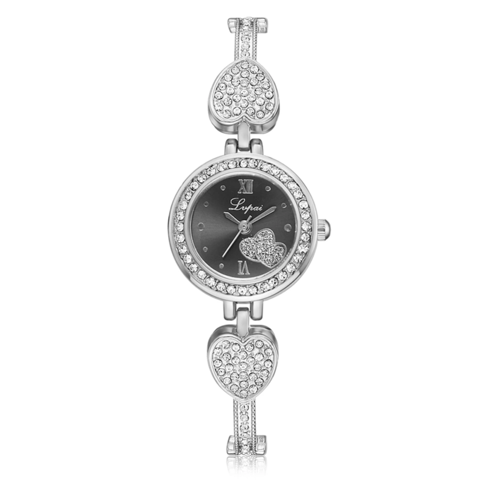 lvpai Women Bracelet Watch Fashion Round Dial Rhinestone Quartz Wristwatch (Silver Black)