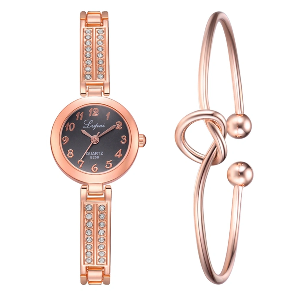 LVPAI Casual Fashion Women Lady Wristwatch Alloy Quartz Watch & Bracelet Suit (Rose Gold+Black)