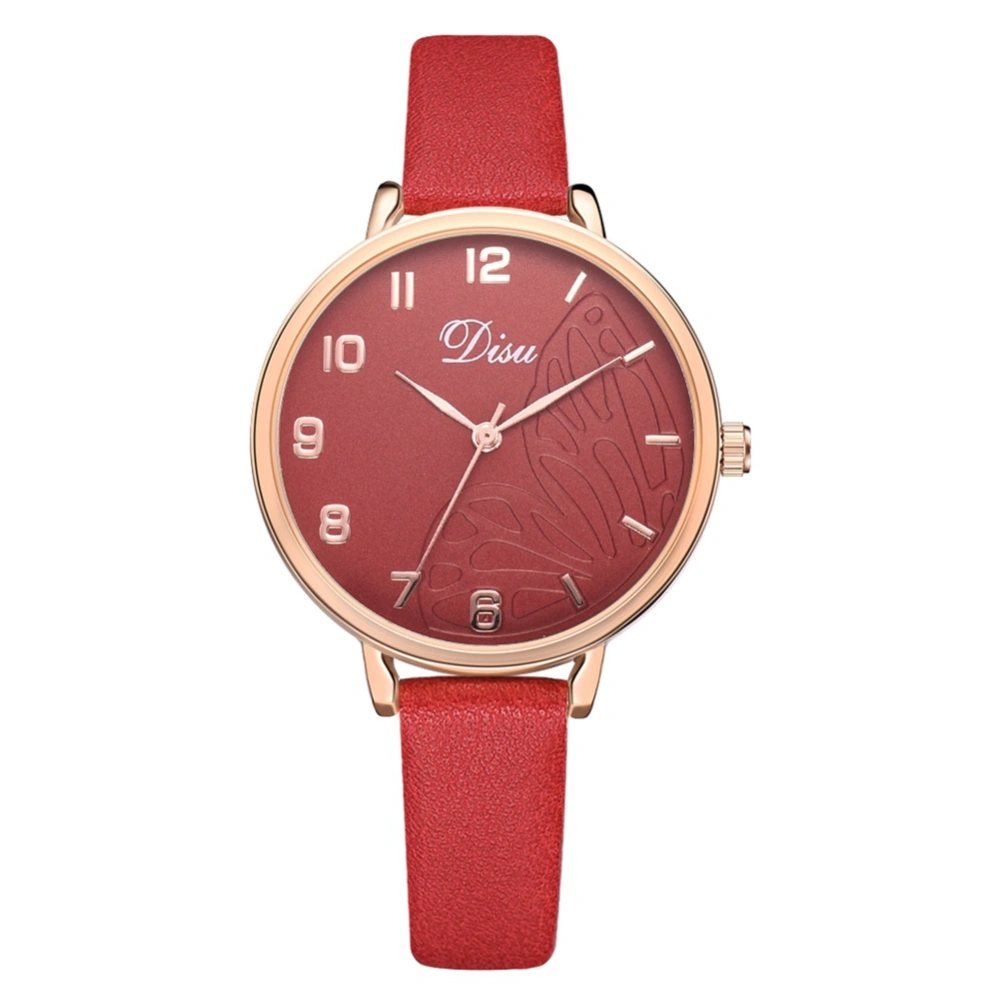 Fashionable Female Alloy Watch Artificial Leather Belt Casual Quartz Wristwatch( Red )