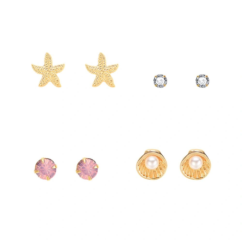 4 Pairs Lovely Stars Decoration Ear Studs Faux Shell Decor Round Earrings Set Lot