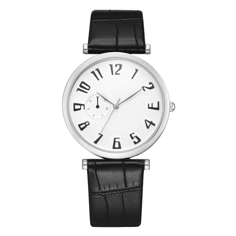 Fashion Casual Watch Men Women Quartz PU Leather Band Wristwatch(silver white dial big)