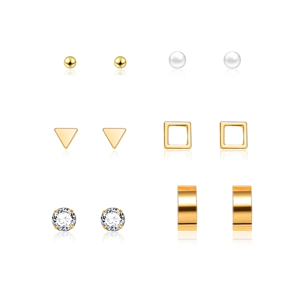 6 Pairs Fashionable Simple Elegant Geometry Rhinestone Women Lady Studs Earrings