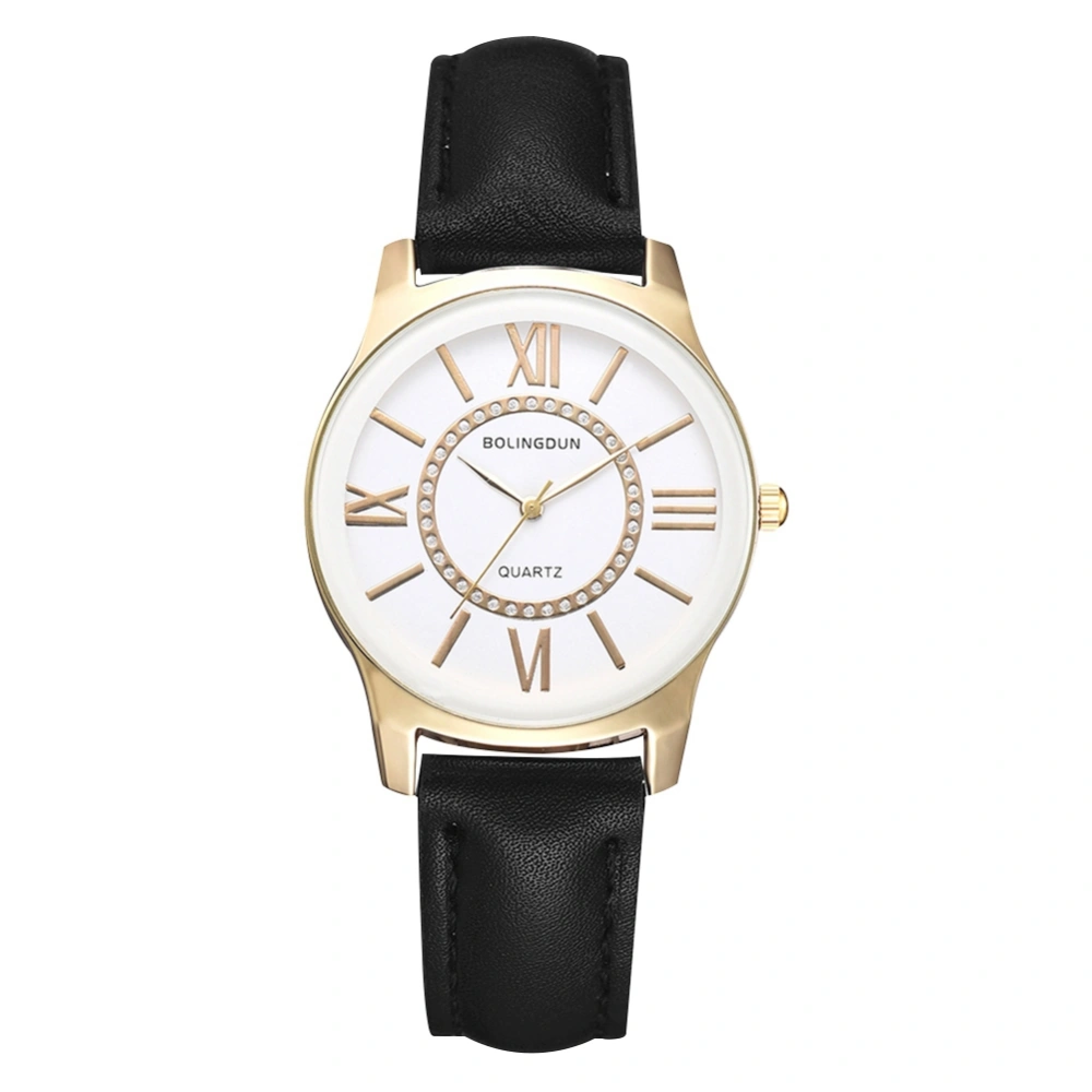 Women Alloy Case PU Leather Watch Roman Numerals Casual Wristwatch(Gold White Female)