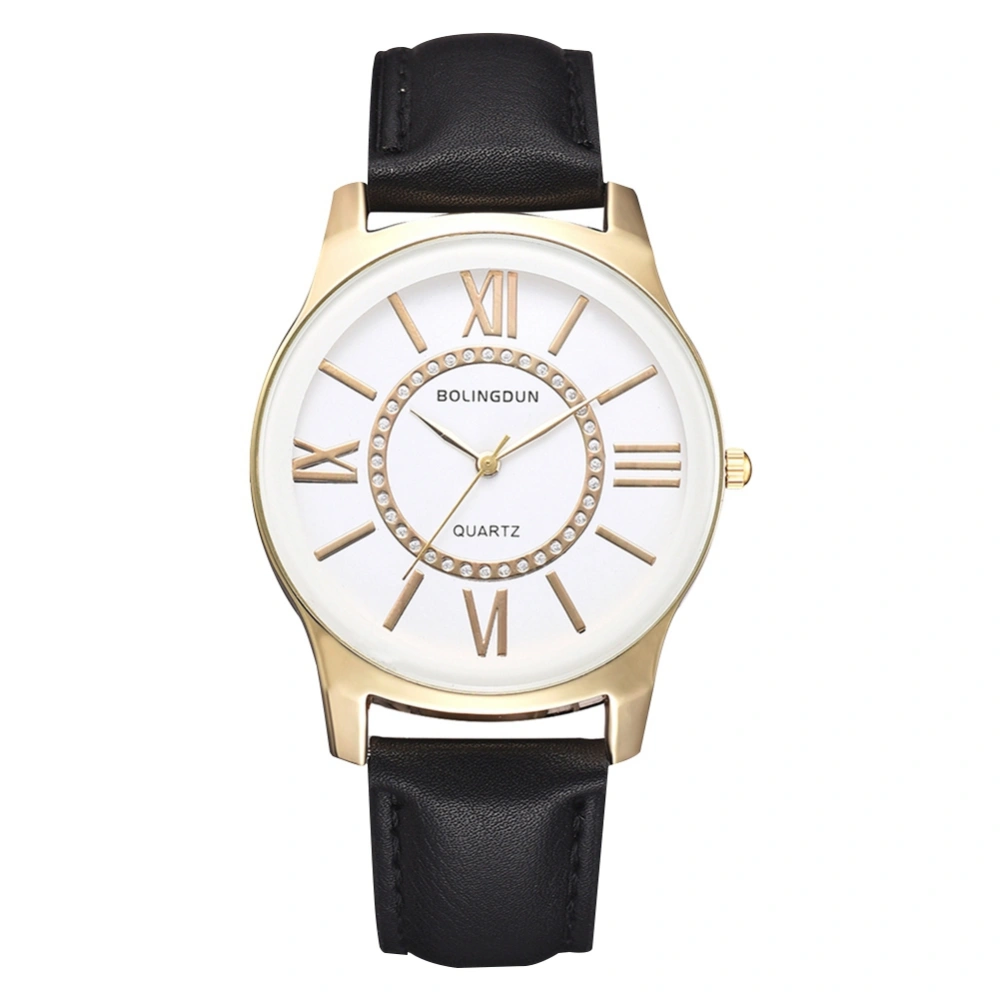 Men Alloy Case PU Leather Watch Roman Numerals Business Casual Wristwatch(Gold White Male)