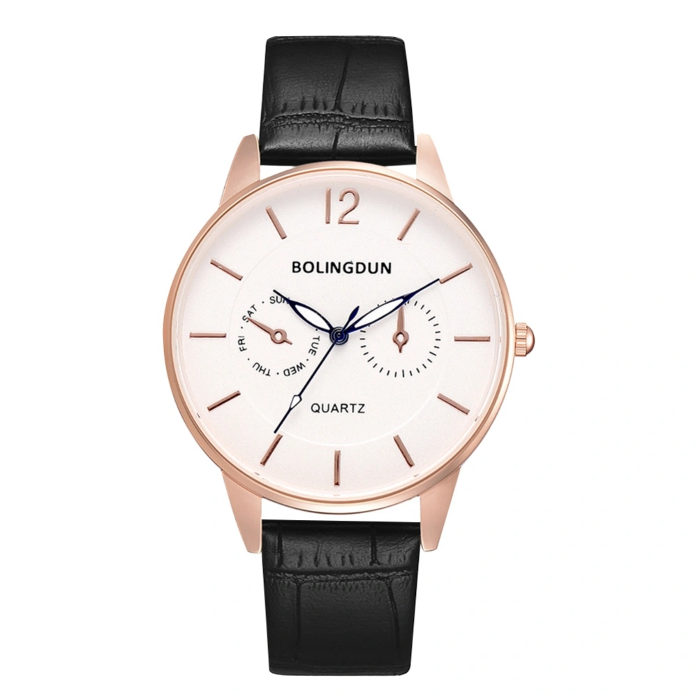 Fashion PU Leather Male Female Watch Round Dial Business Quartz Wristwatch(Rose Gold Male)